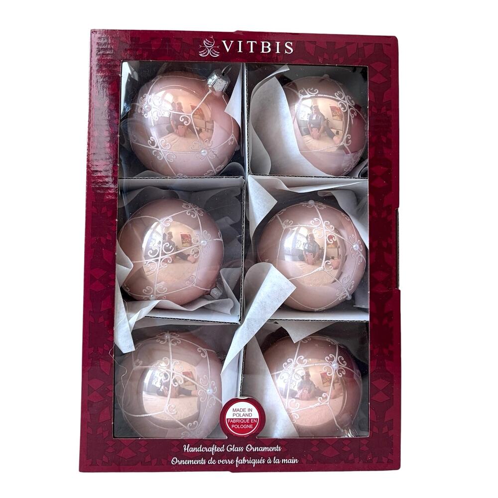NEW Vitbis Poland Handcrafted Glass Ornaments Set of 6 Pink w/ White Glitter